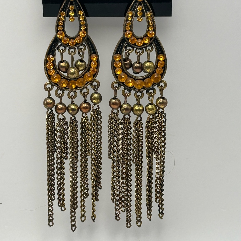 Chandelier Earrings Antique Gold Links @ Gold Rhinestones Copper Bronze 4”